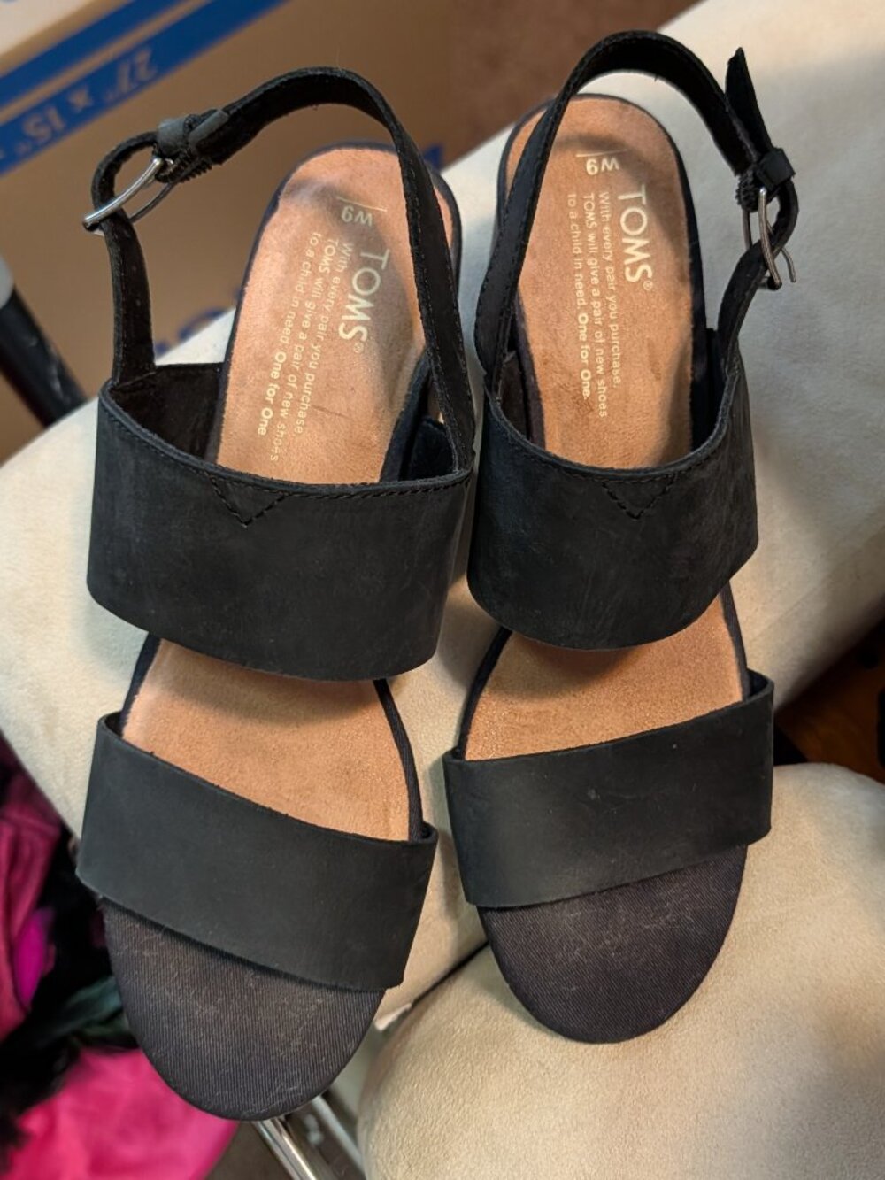 TOMS Black Nubuck Block Heel Slingback Sandals Size 6M